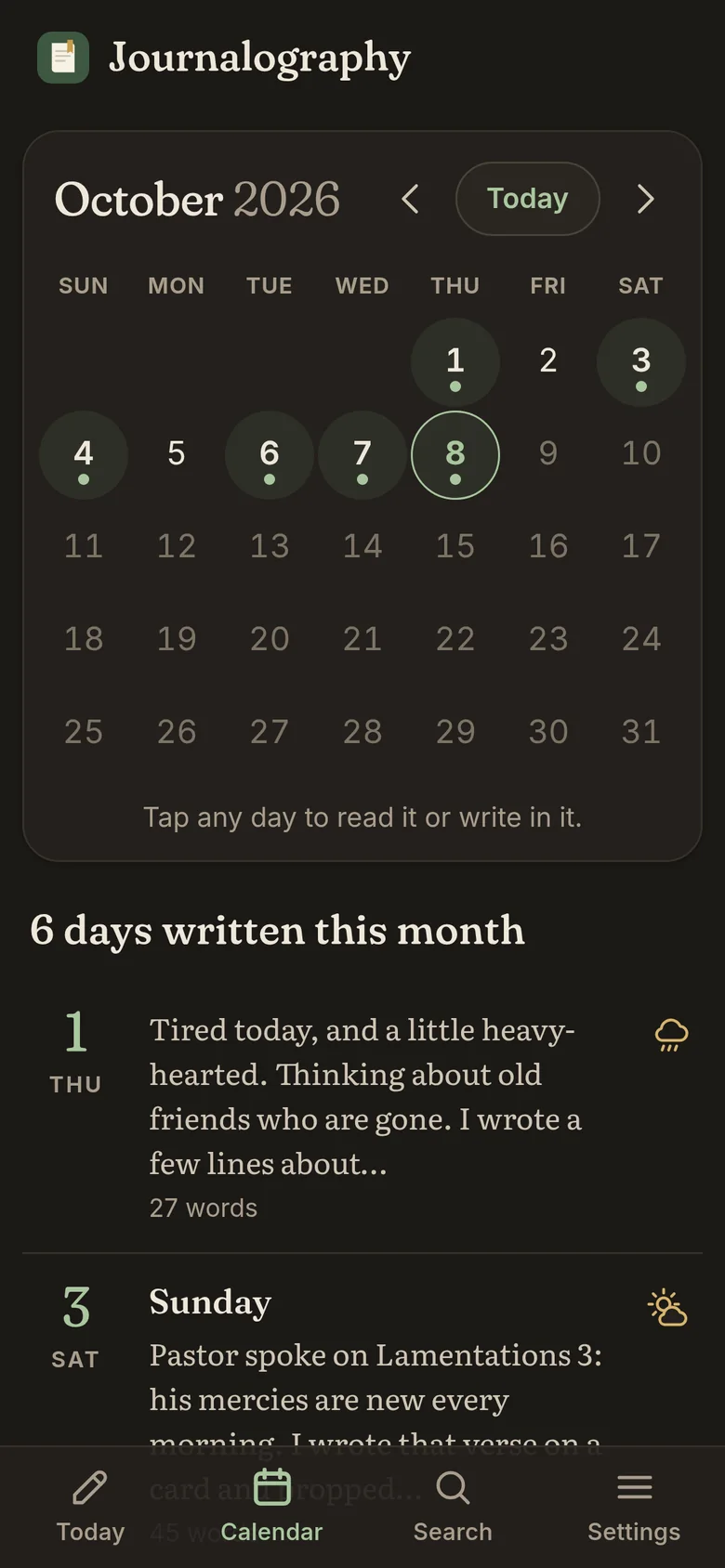 The calendar in the dark theme on a phone