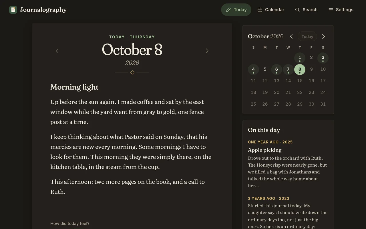 Journalography in the dark theme on a computer