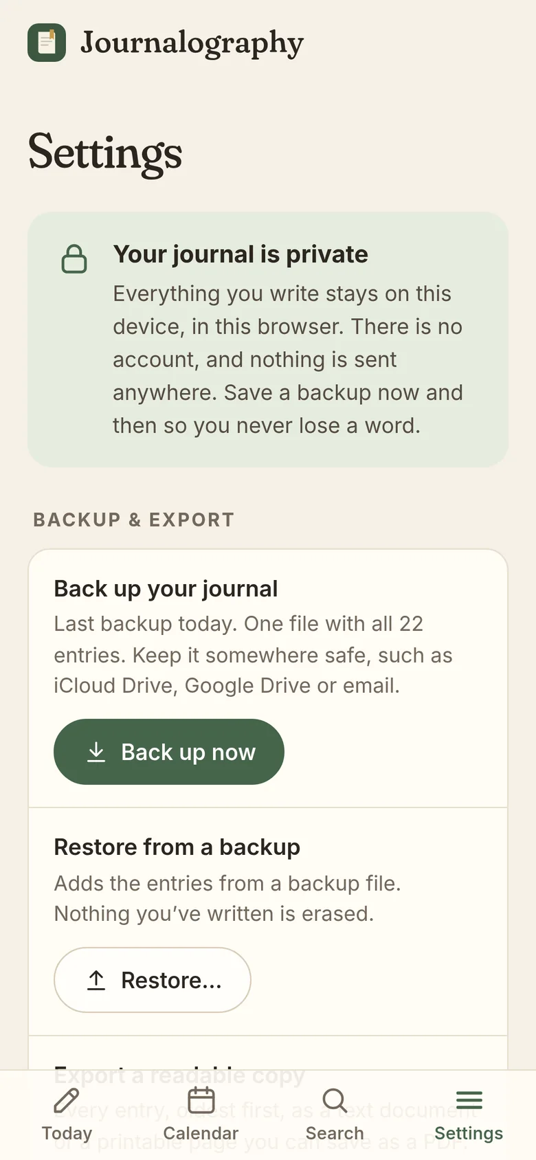 Settings on a phone, starting with “Your journal is private”