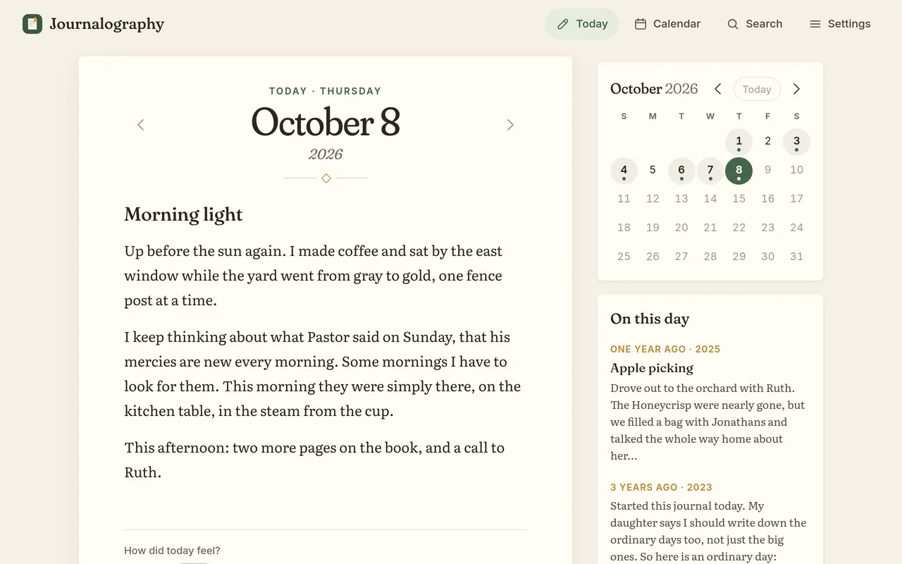 Journalography on a computer: today’s entry, titled Morning light, with a small calendar and On this day beside it