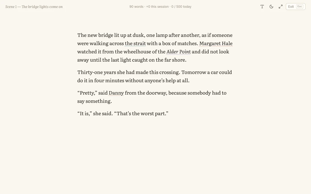 Focus mode: a large serif page with nothing else on screen but a faint word count